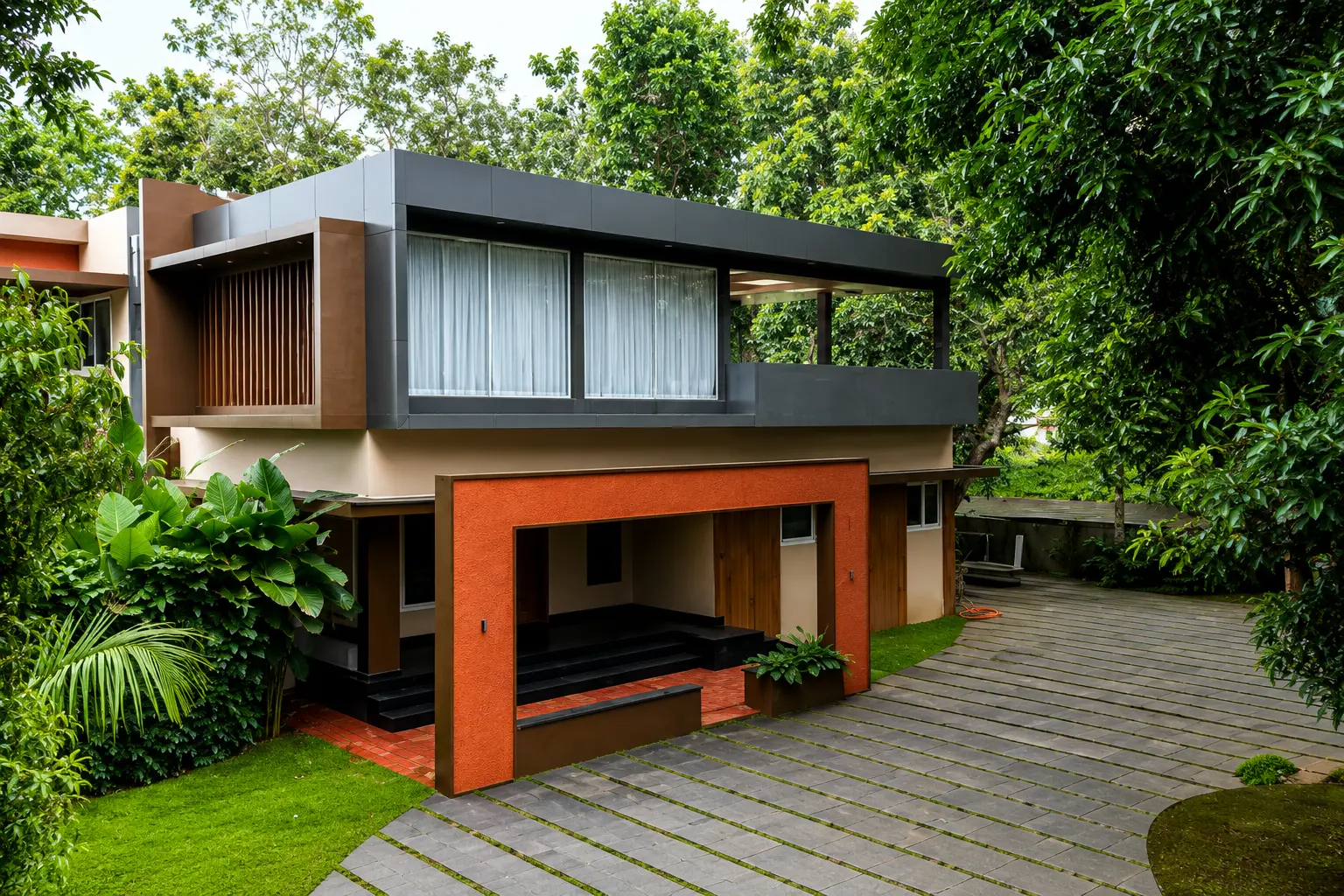 Modern residence with landscaped garden and paved driveway