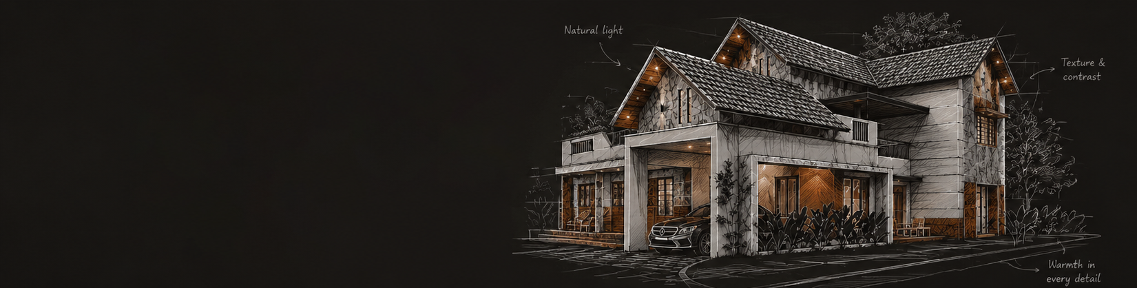 Hand-sketched architectural render of a modern residence with natural light, texture, and warmth details