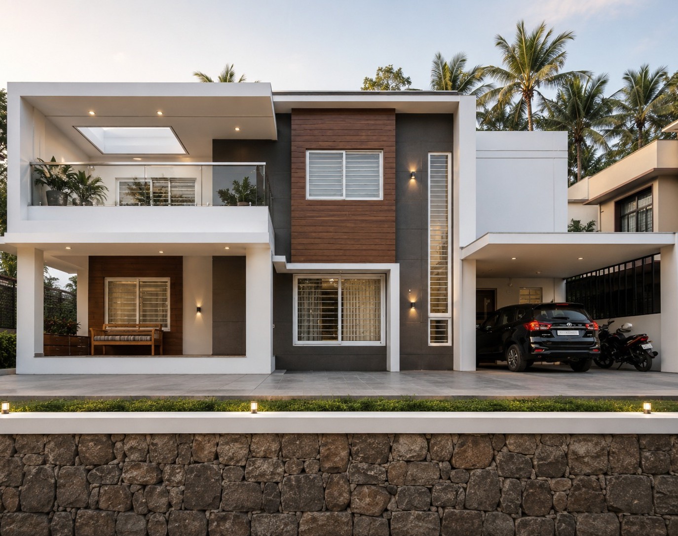 Modern two-storey residence with wood-clad façade and stone boundary wall
