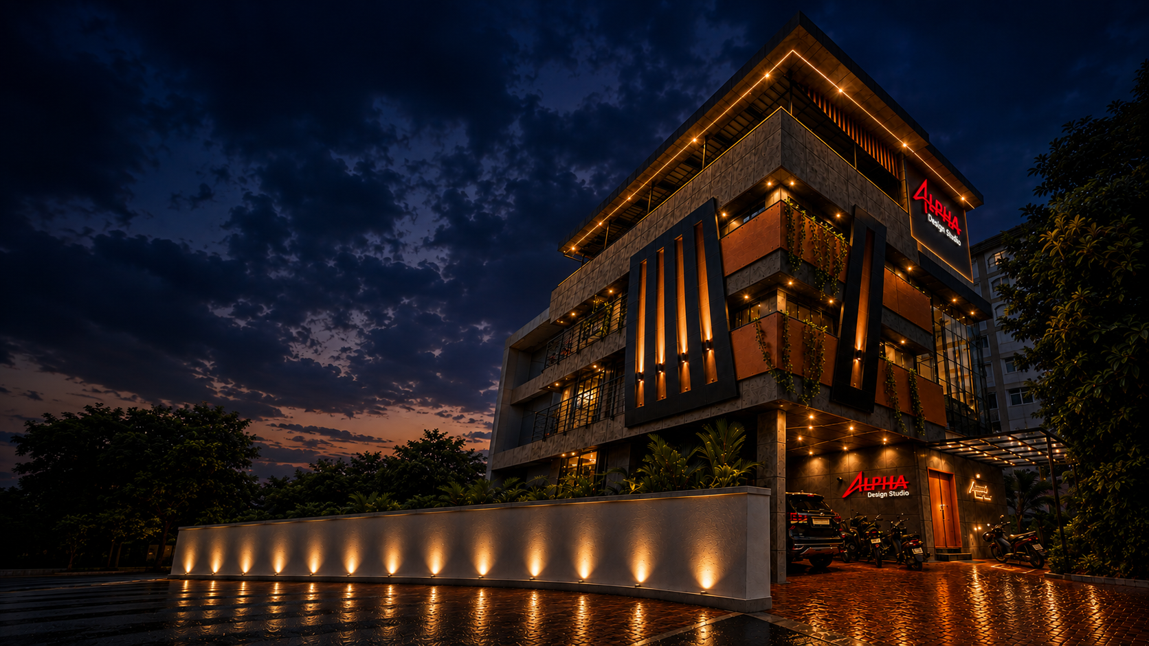 Alpha Design Studio headquarters at dusk, a modern illuminated multi-storey building