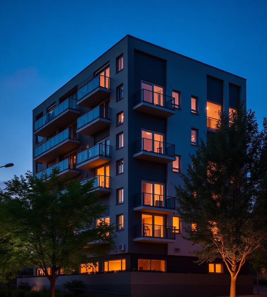 Modern apartment building at dusk