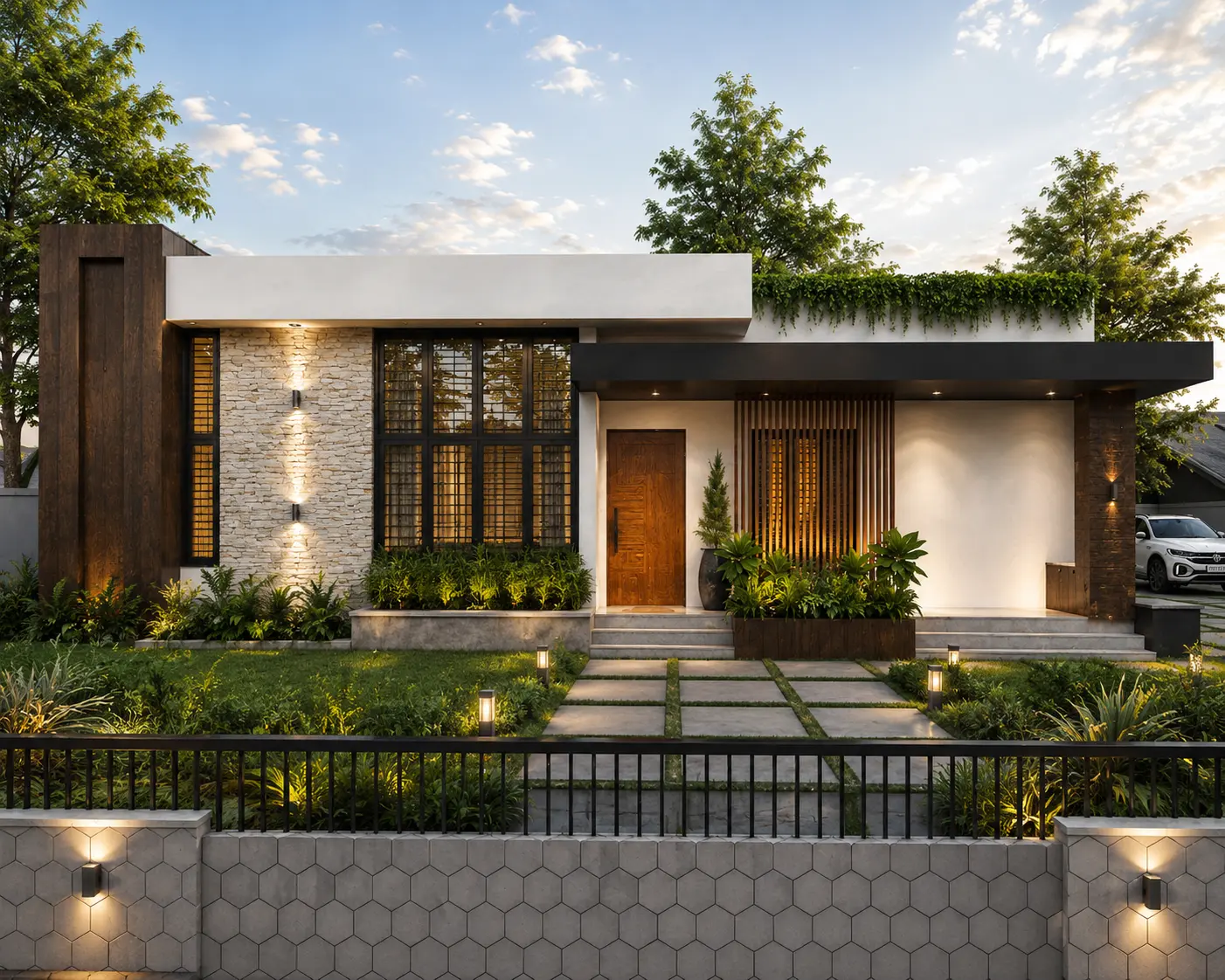 Single-storey home with stone cladding and louvred entry — Exterior work by Alpha Design Studio