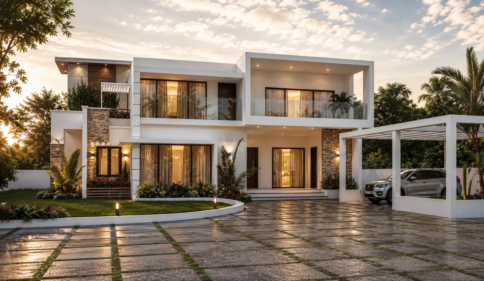 White contemporary villa with pergola carport at sunset — Exterior work by Alpha Design Studio