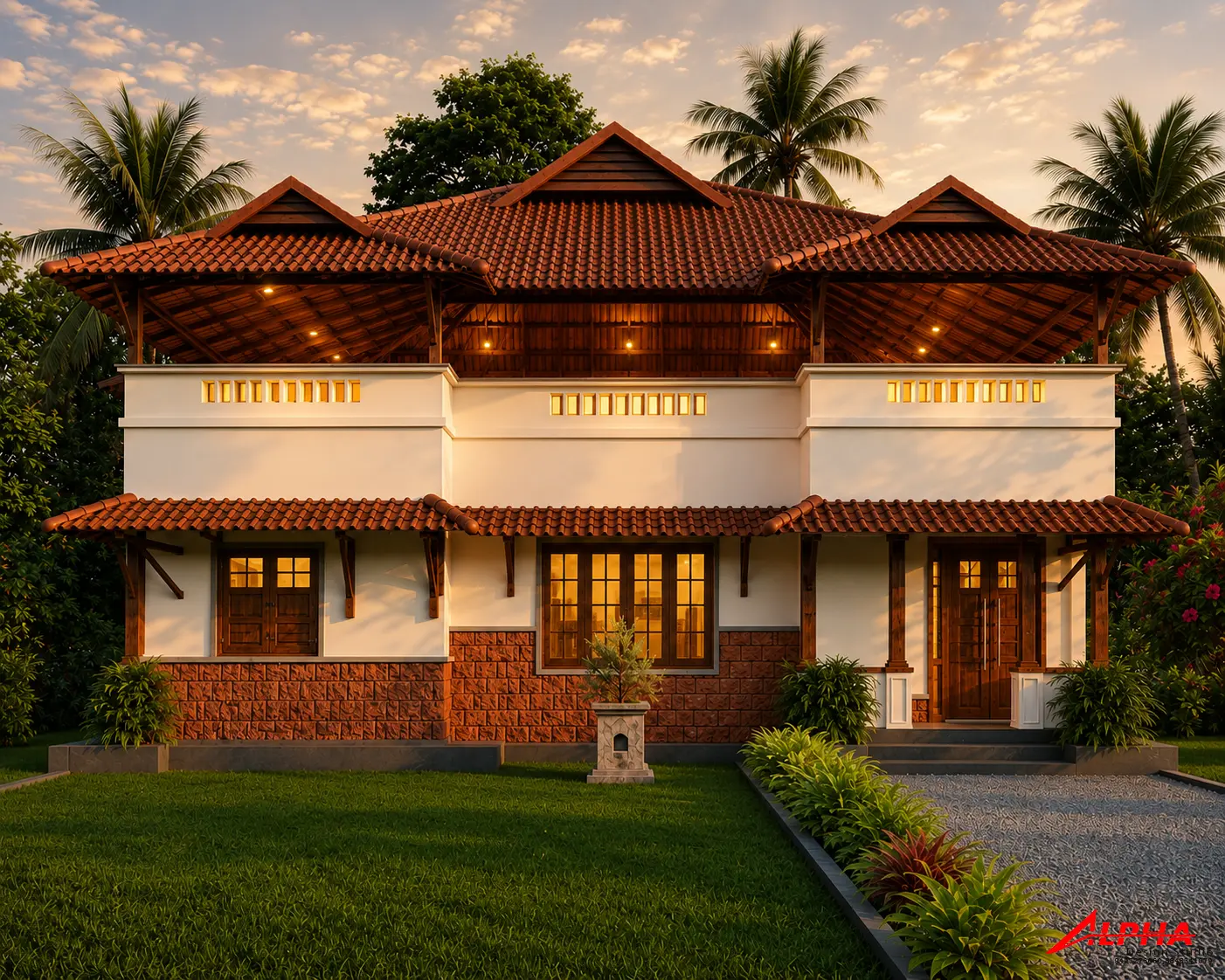Traditional Kerala home in tile, timber and laterite — Exterior work by Alpha Design Studio
