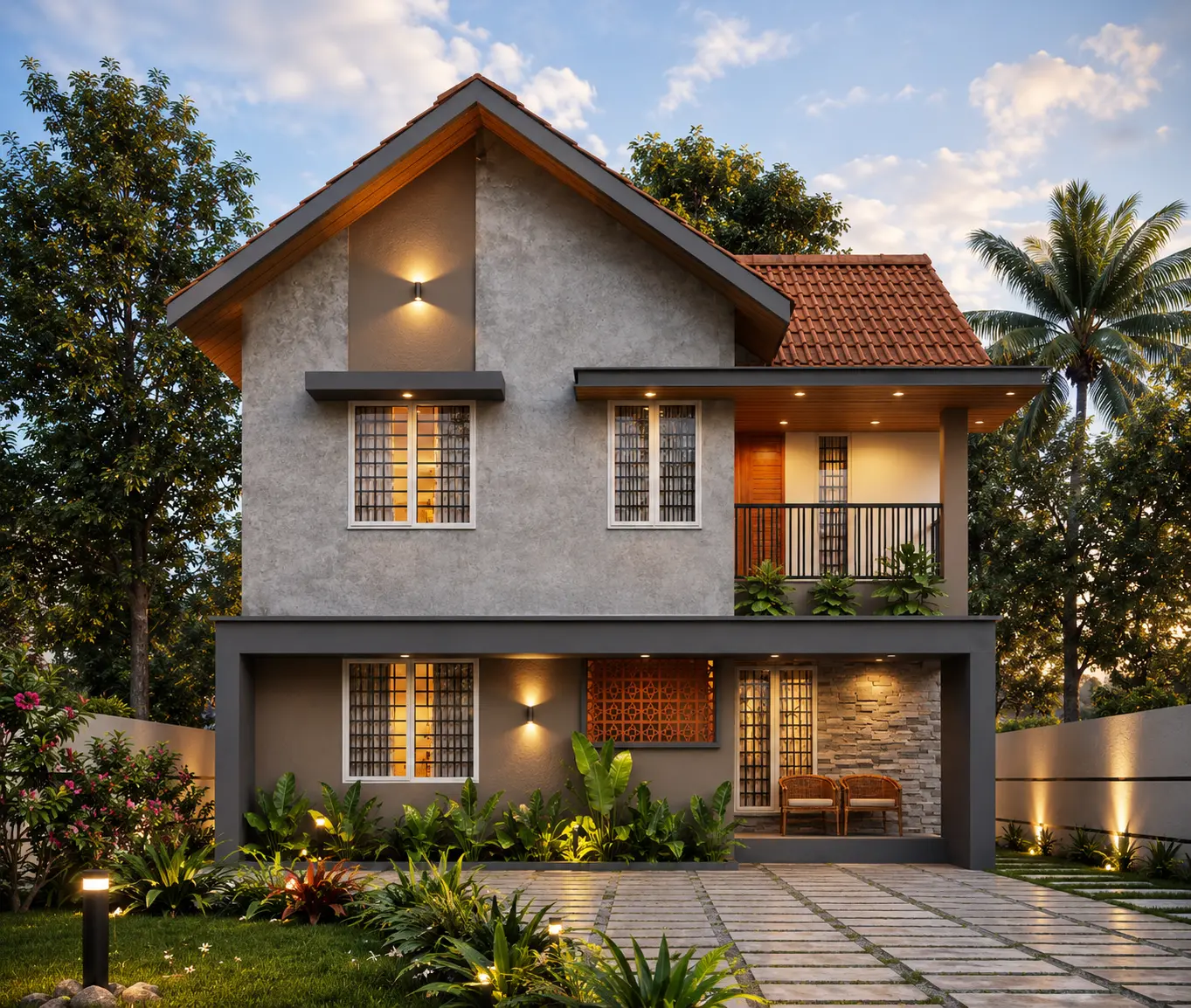 Compact two-storey home with tiled roof and stone porch — Exterior work by Alpha Design Studio