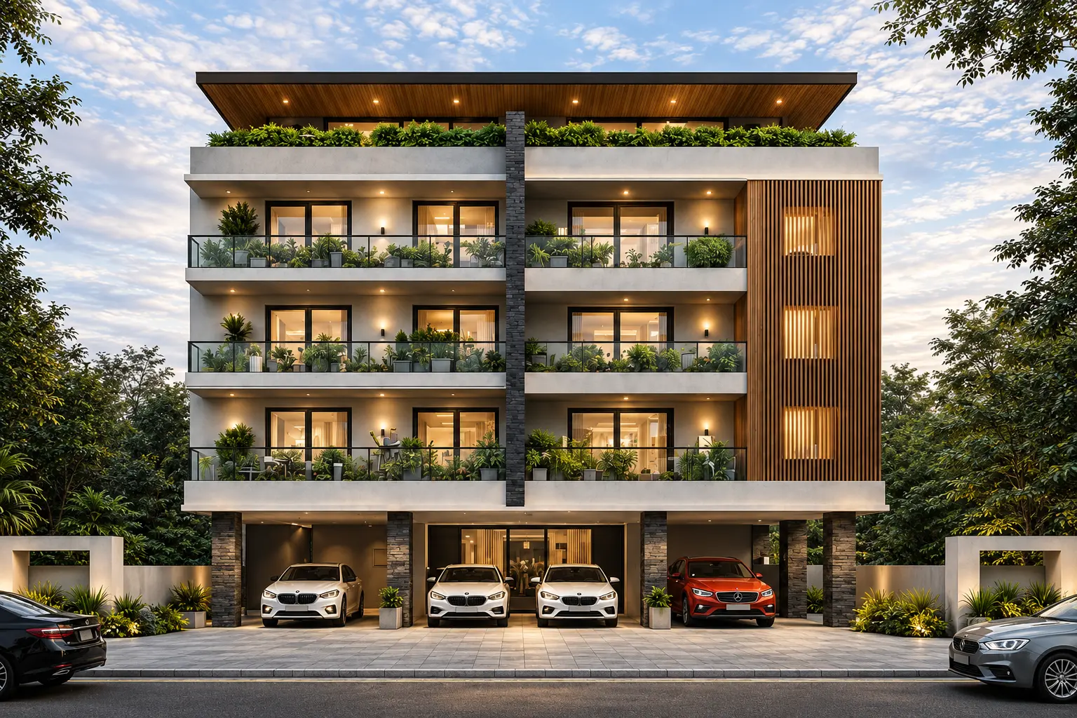 Rentique — green-balconied apartment block with slatted core — Exterior work by Alpha Design Studio