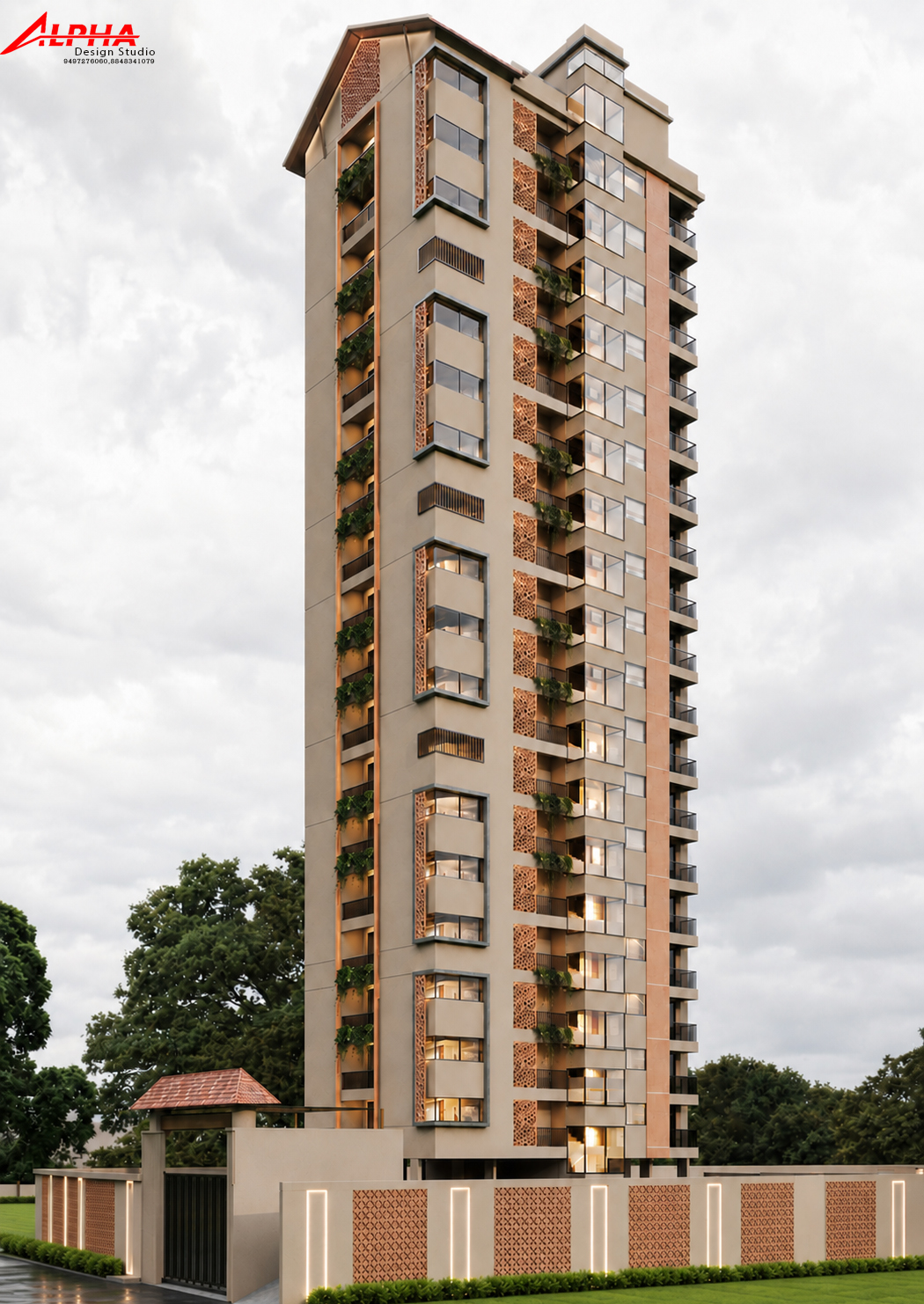 High-rise apartment tower with jaali and planted balconies — Exterior work by Alpha Design Studio