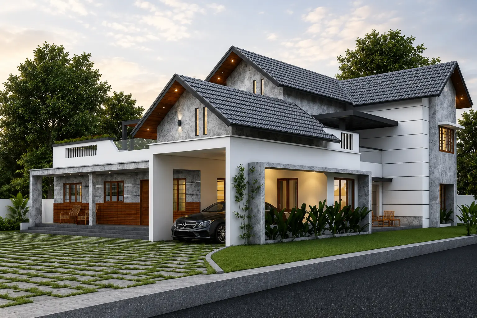 Sloped-roof family home in white and stone at dusk — Exterior work by Alpha Design Studio