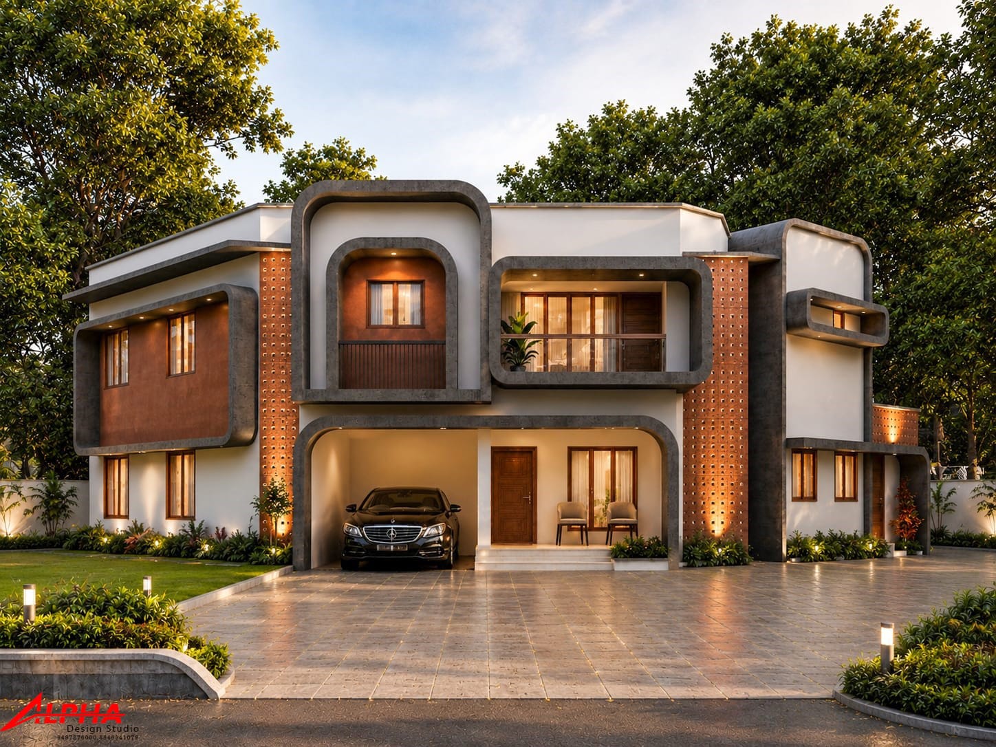 Curved-frame villa with perforated brick detailing — Exterior work by Alpha Design Studio