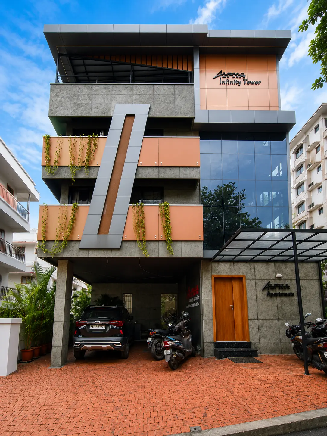 Alpha Infinity Tower — apartments and studio in concrete and terracotta — Exterior work by Alpha Design Studio