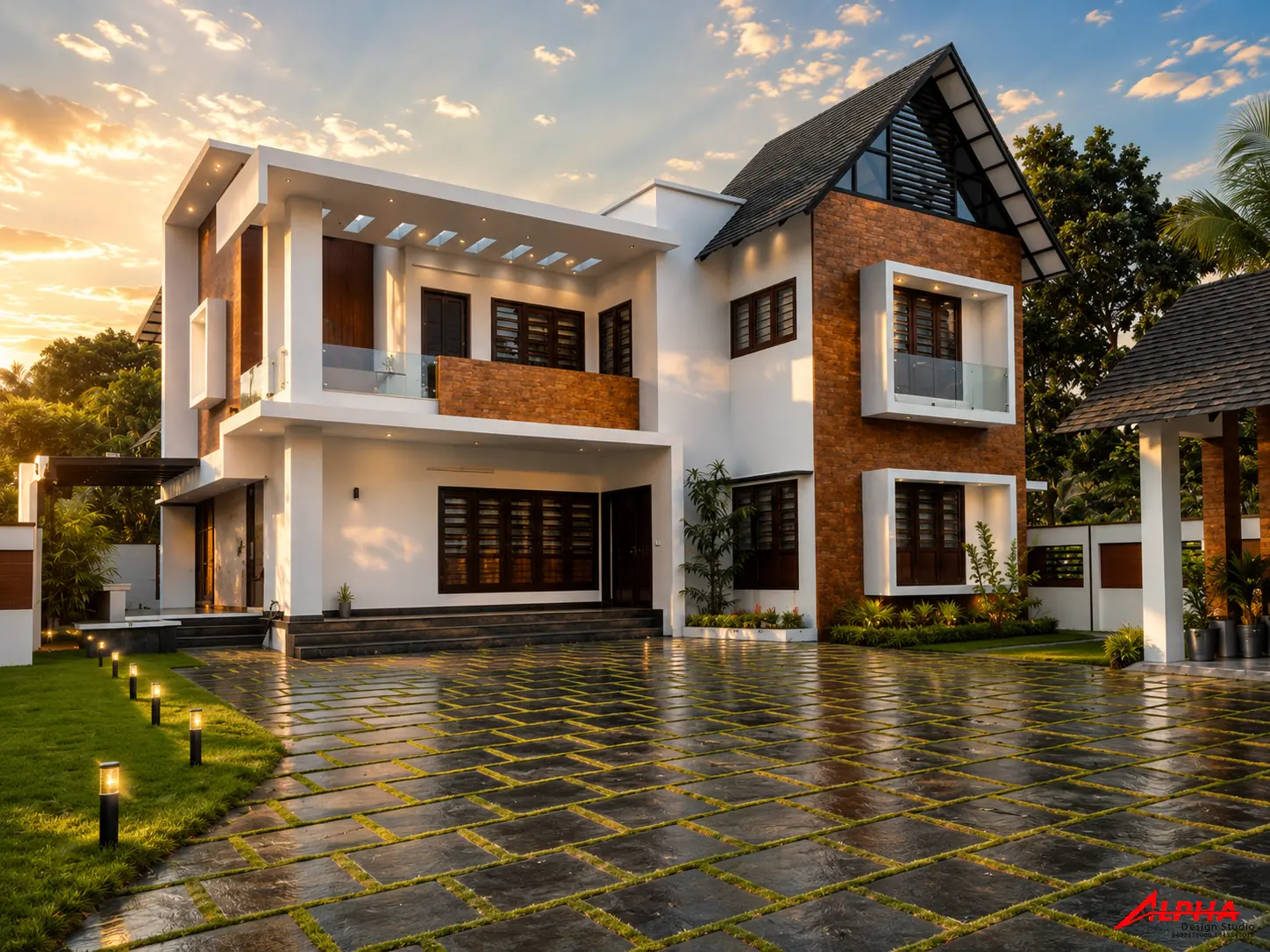 Brick-and-white residence with gabled wing at golden hour — Exterior work by Alpha Design Studio