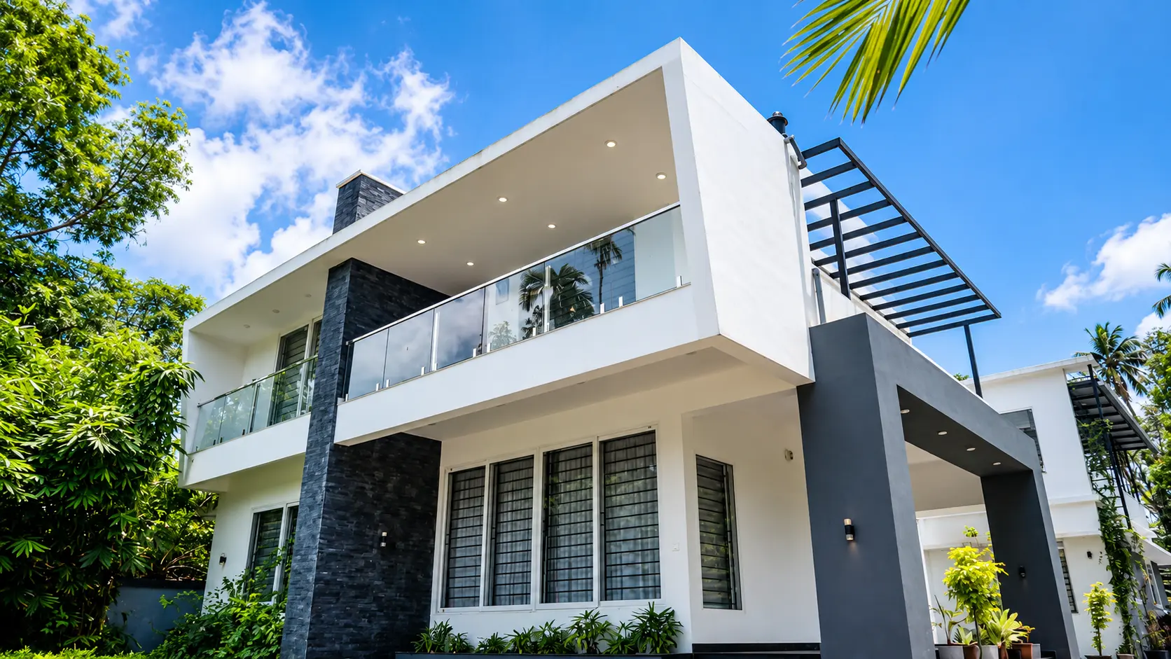 White contemporary villa with glass balustrade and pergola — Exterior work by Alpha Design Studio