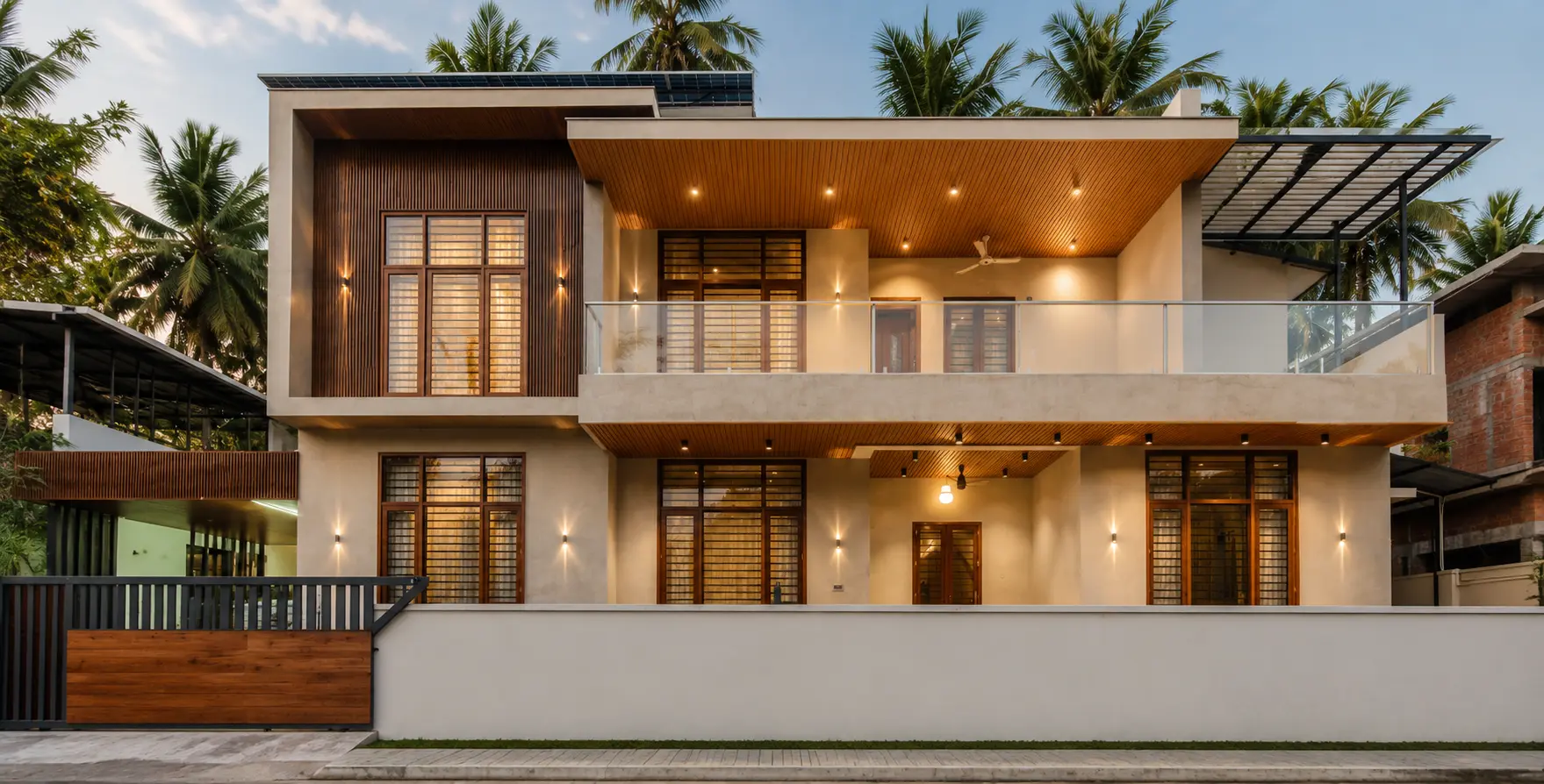 Warm-lit two-storey home with timber louvred façade — Exterior work by Alpha Design Studio