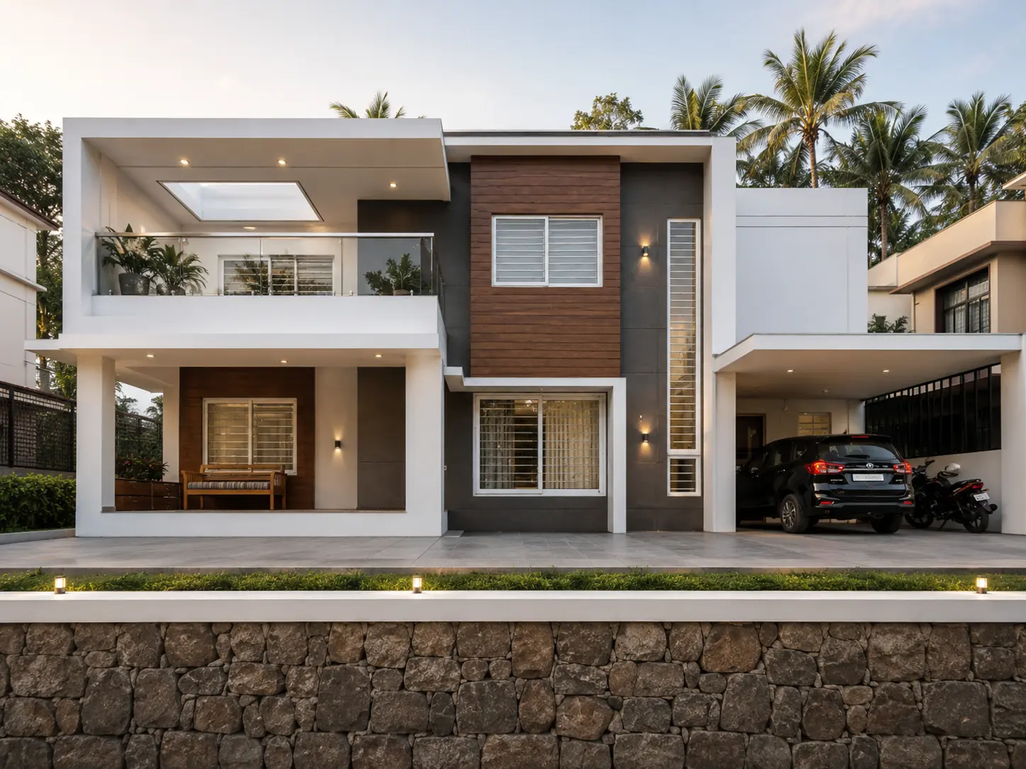 Modern villa in white, wood and grey over a rubble wall — Exterior work by Alpha Design Studio