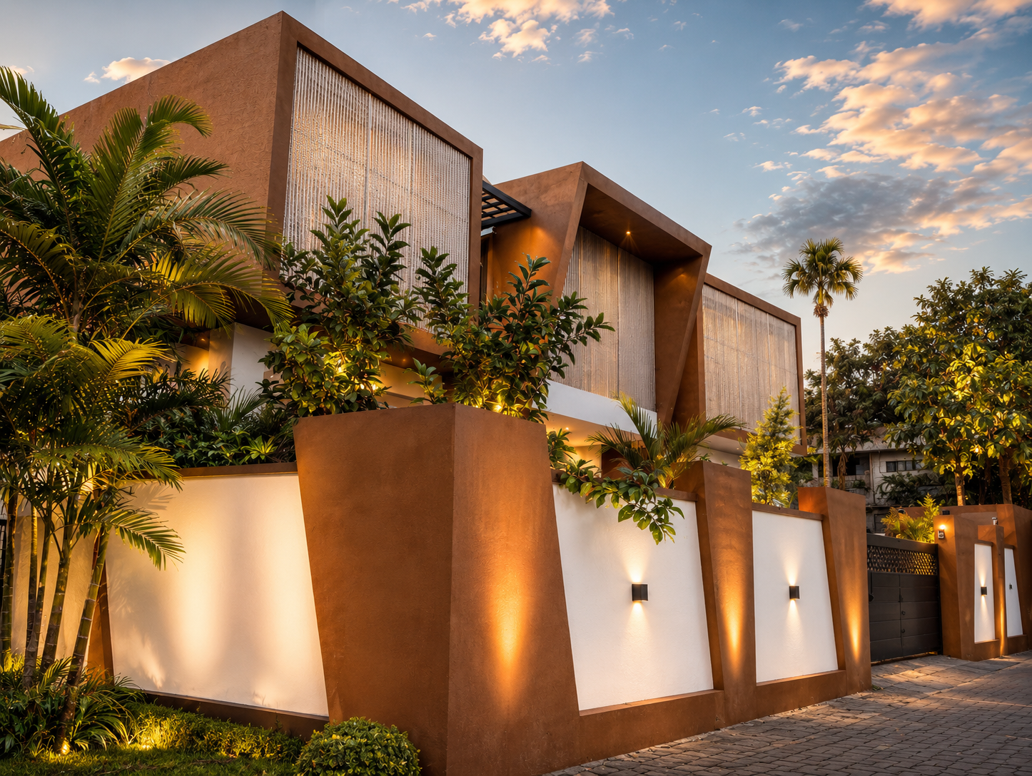 Terracotta-toned residence with jaali screens and layered planters — Exterior work by Alpha Design Studio
