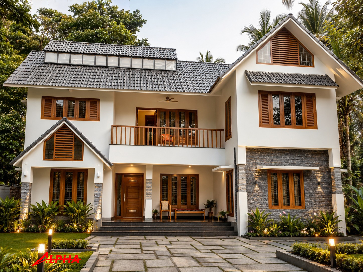 Tiled-roof family home with teak windows and stone base — Exterior work by Alpha Design Studio