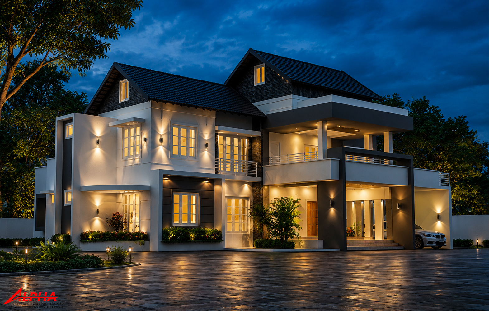 Illuminated colonial-modern villa with porte-cochere — Exterior work by Alpha Design Studio