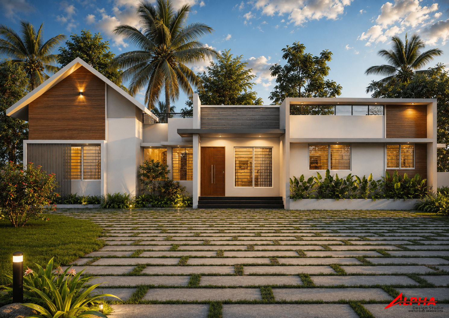 Contemporary single-storey home with timber gable and lit courtyard — Exterior work by Alpha Design Studio