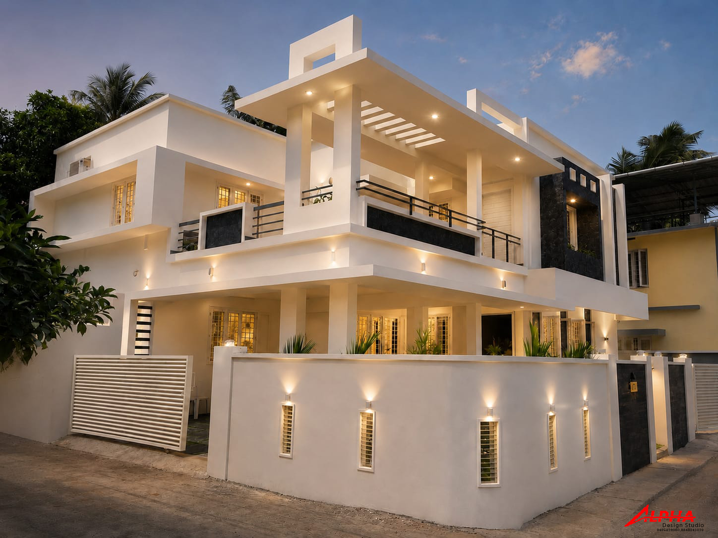 White multi-level villa with cantilevered balconies at dusk — Exterior work by Alpha Design Studio