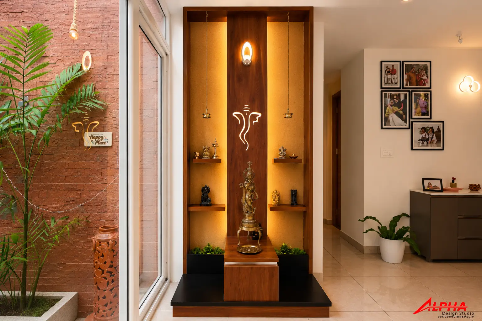 Backlit teak prayer unit with brass lamps — Interior work by Alpha Design Studio