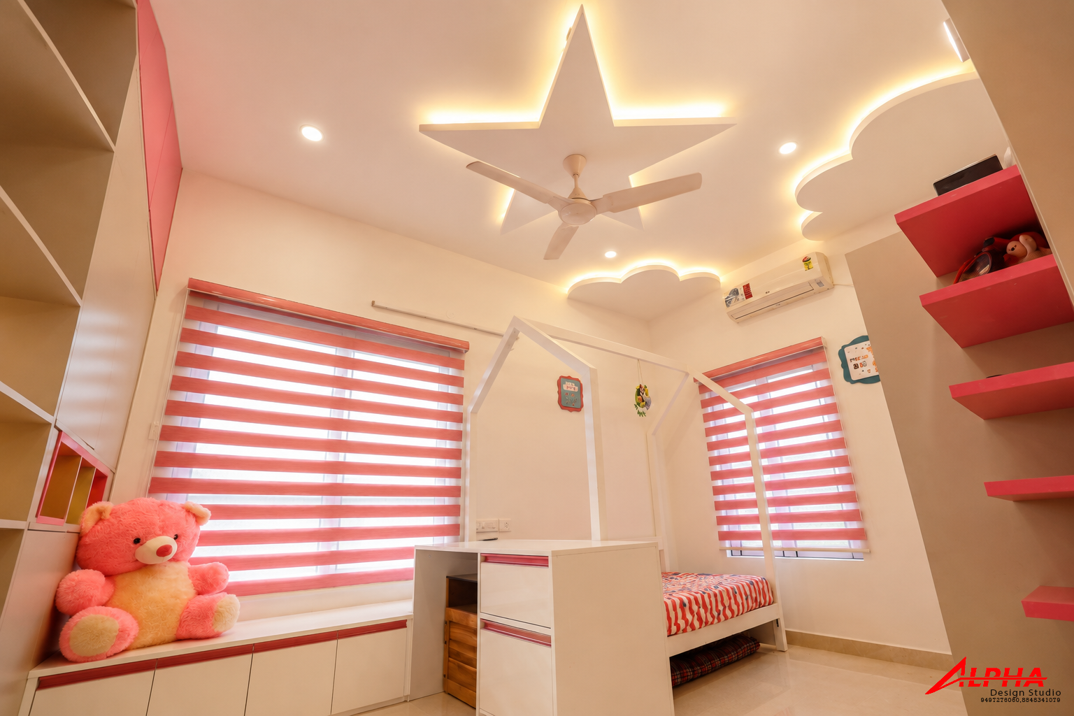 Children's bedroom with star ceiling and coral accents — Interior work by Alpha Design Studio