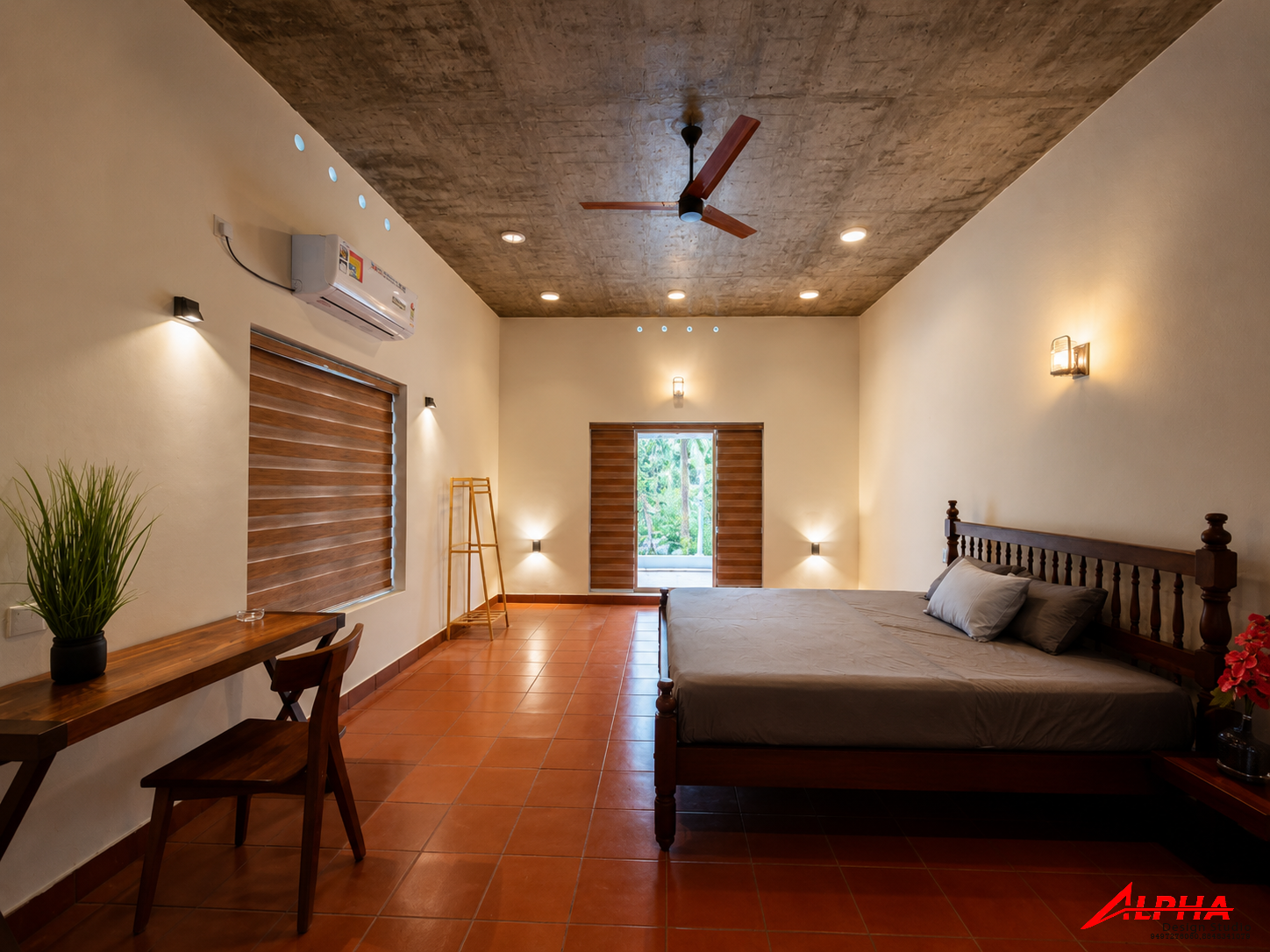 Bedroom with board-formed concrete ceiling and terracotta floor — Interior work by Alpha Design Studio