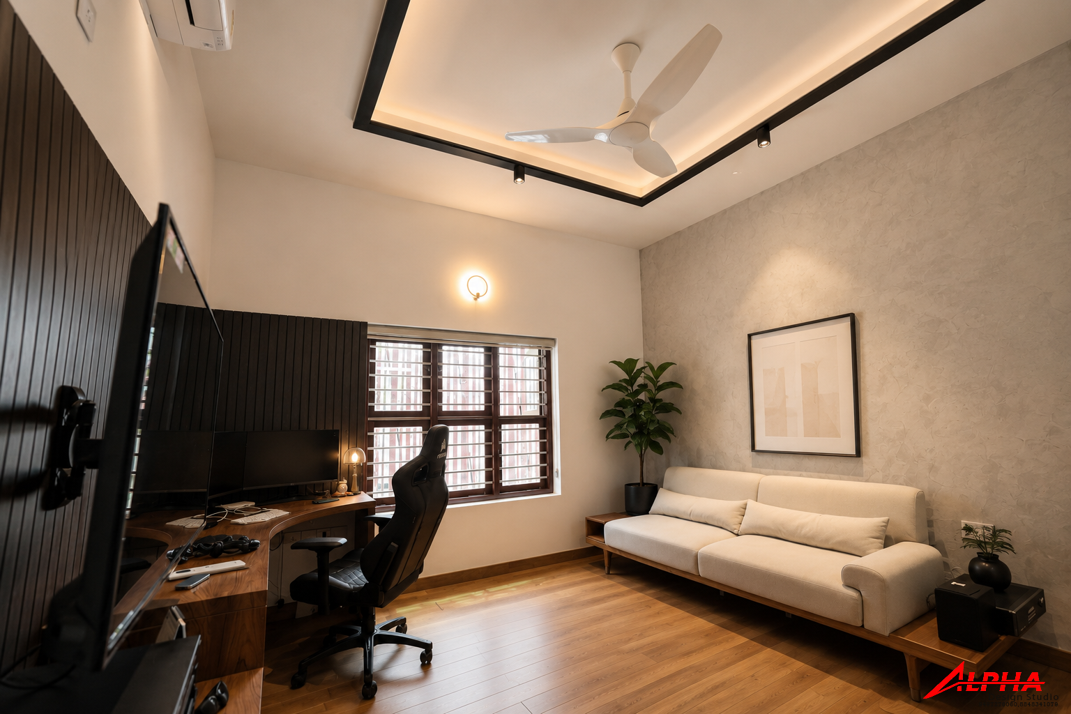 Study lounge with fluted panelling and textured wall — Interior work by Alpha Design Studio