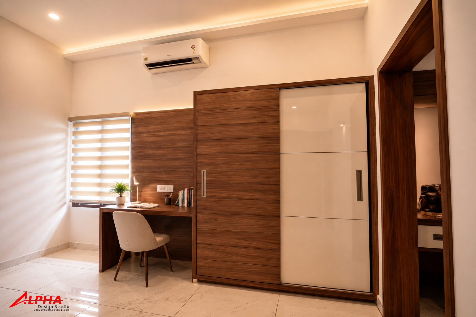 Bedroom study nook with walnut wardrobe and cove lighting — Interior work by Alpha Design Studio