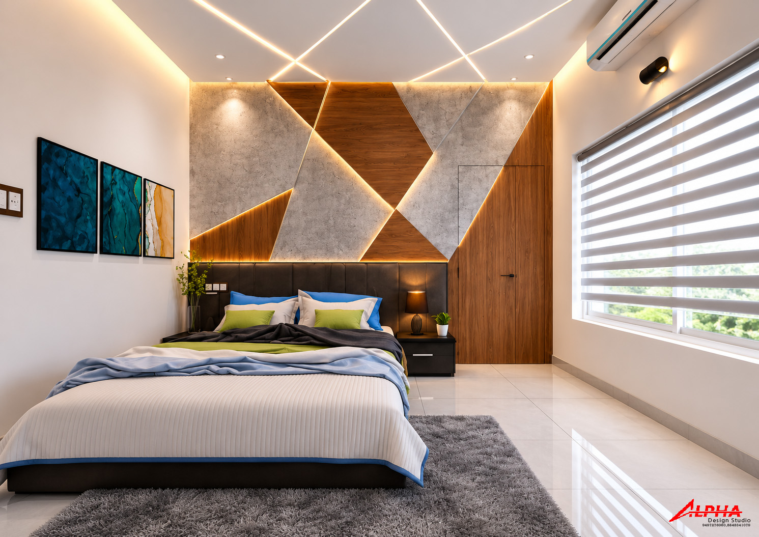 Master bedroom with geometric lit feature wall — Interior work by Alpha Design Studio