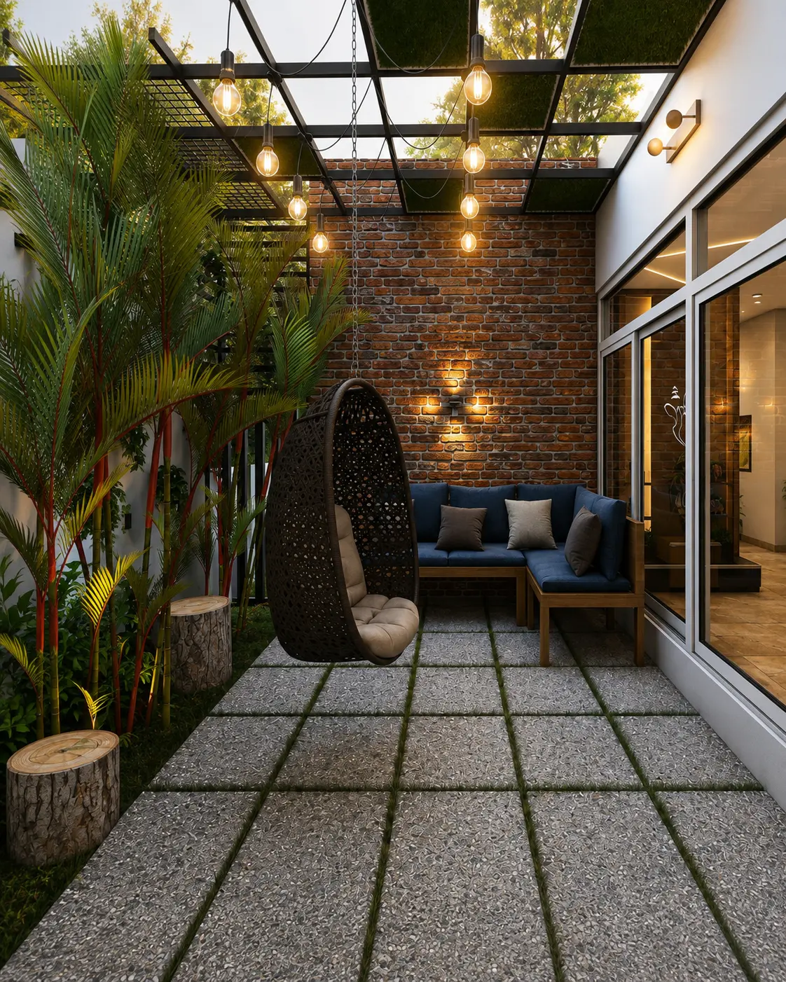 Courtyard sit-out with hanging chair and festoon lights — Interior work by Alpha Design Studio
