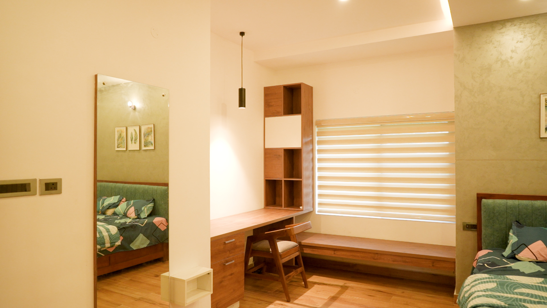 Bedroom study nook with timber desk and window seat — Interior work by Alpha Design Studio
