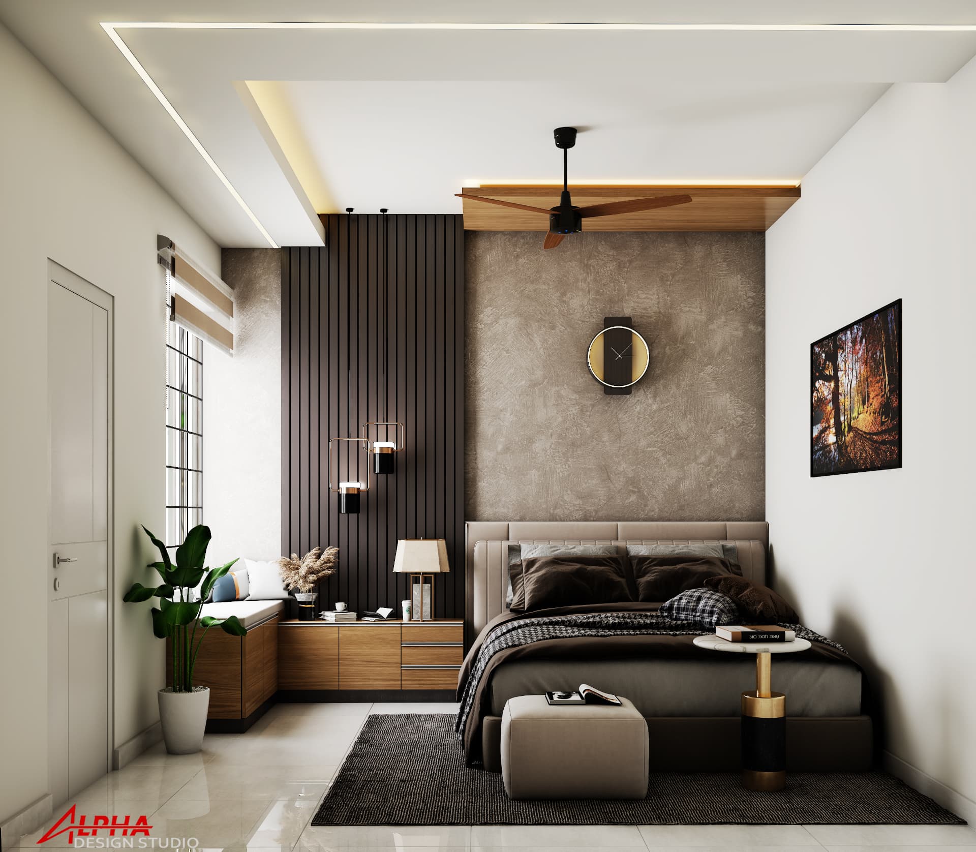 Master bedroom with fluted panelling and cove lighting — Interior work by Alpha Design Studio