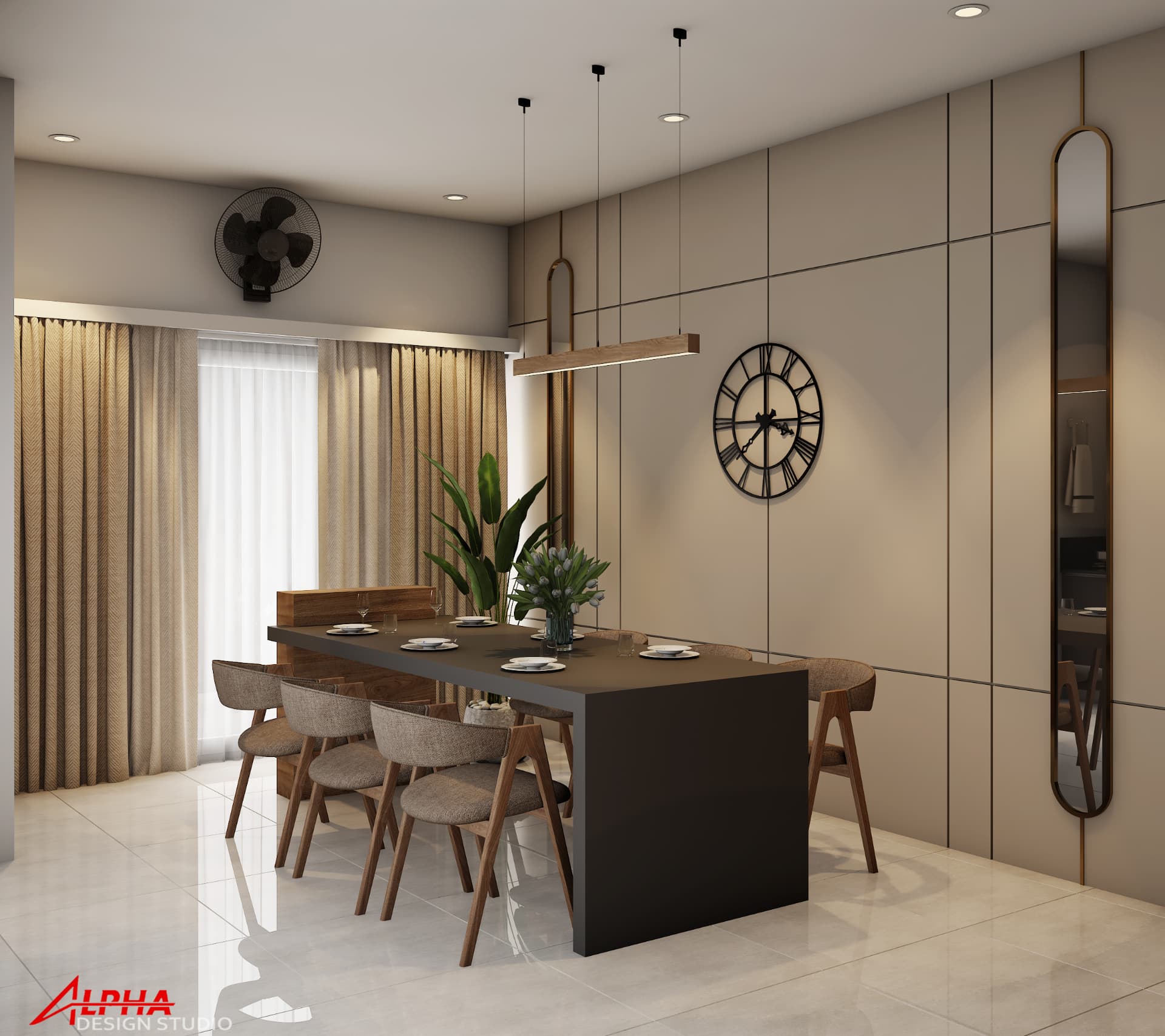 Dining space with linear pendant and panelled storage — Interior work by Alpha Design Studio