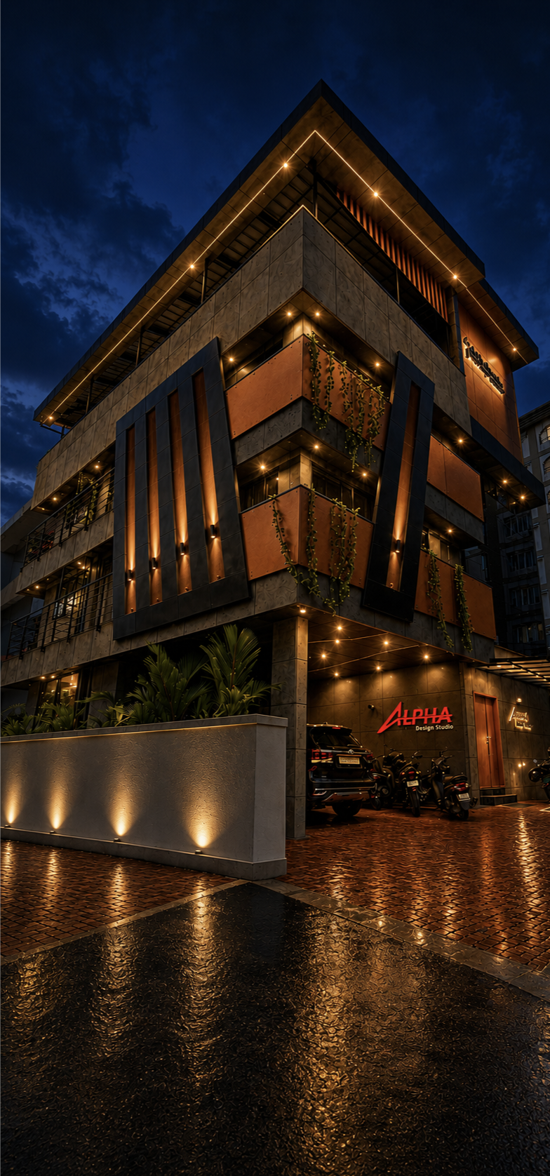 Alpha Design Studio office building lit up at dusk